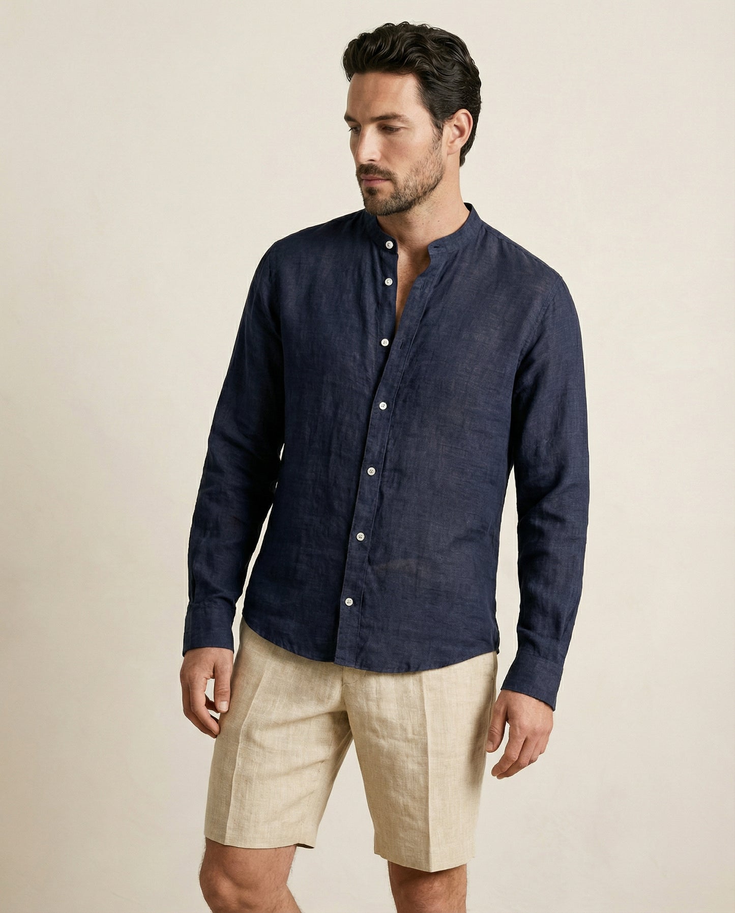Mid crop view of men’s navy linen Chinese collar shirt
