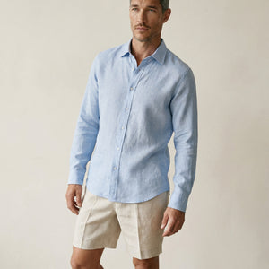 Light blue linen shirt with tailored fit, mid-length view