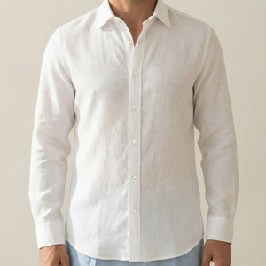 White Akoya linen shirt front detail showing natural linen texture and buttons