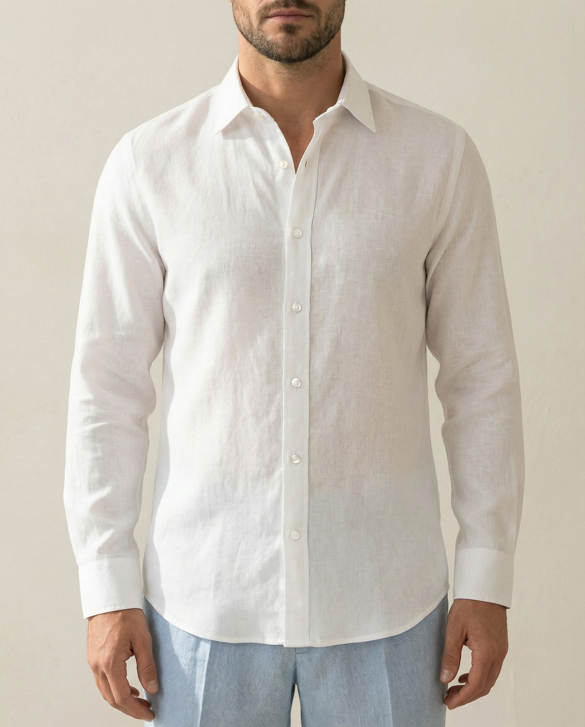 White Akoya linen shirt front detail showing natural linen texture and buttons
