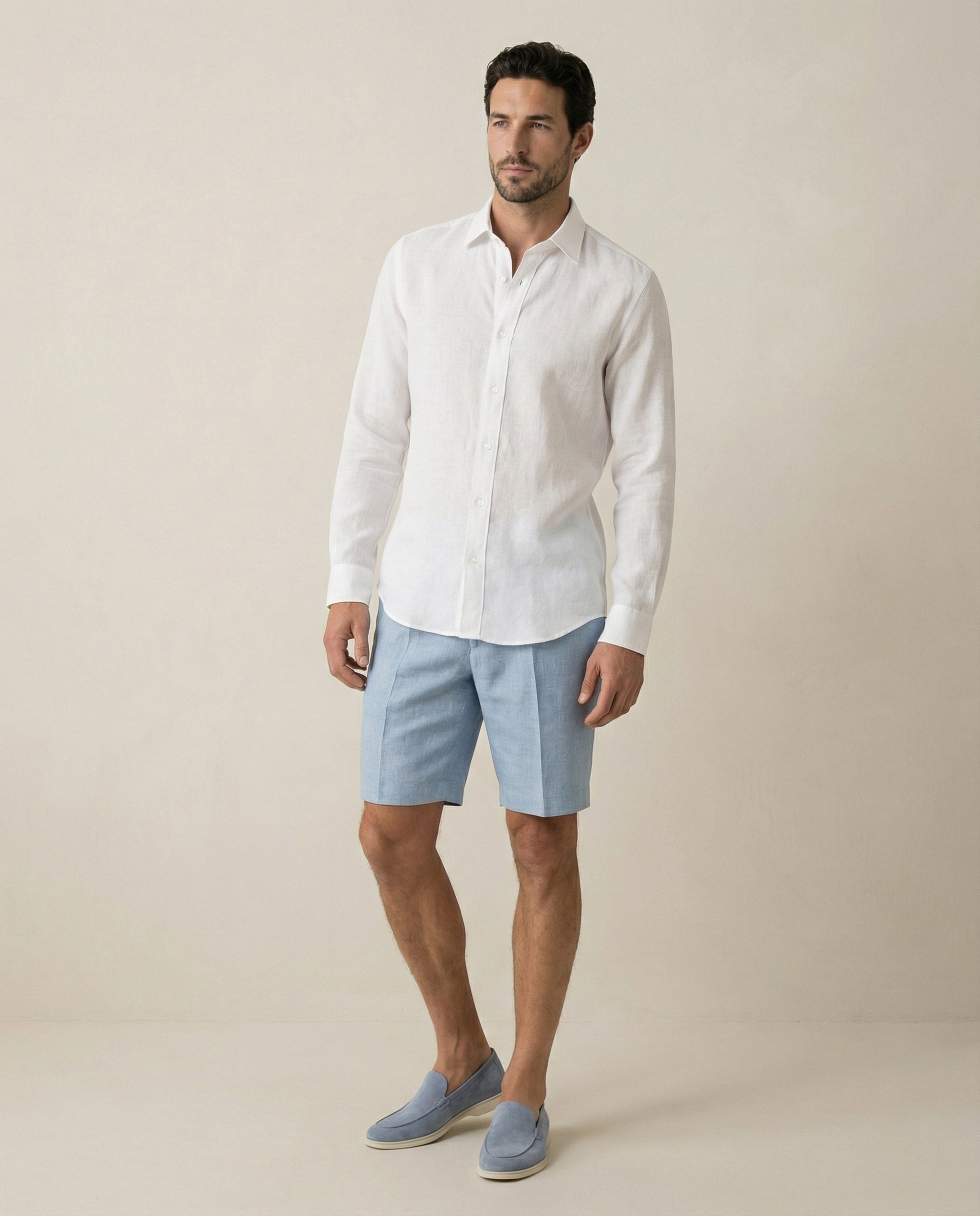 Men wearing white Akoya linen shirt styled for summer