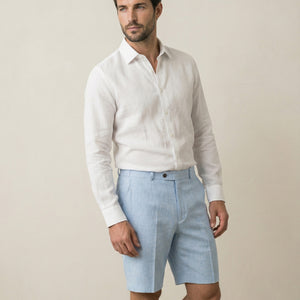 Front view of men’s light blue linen shorts