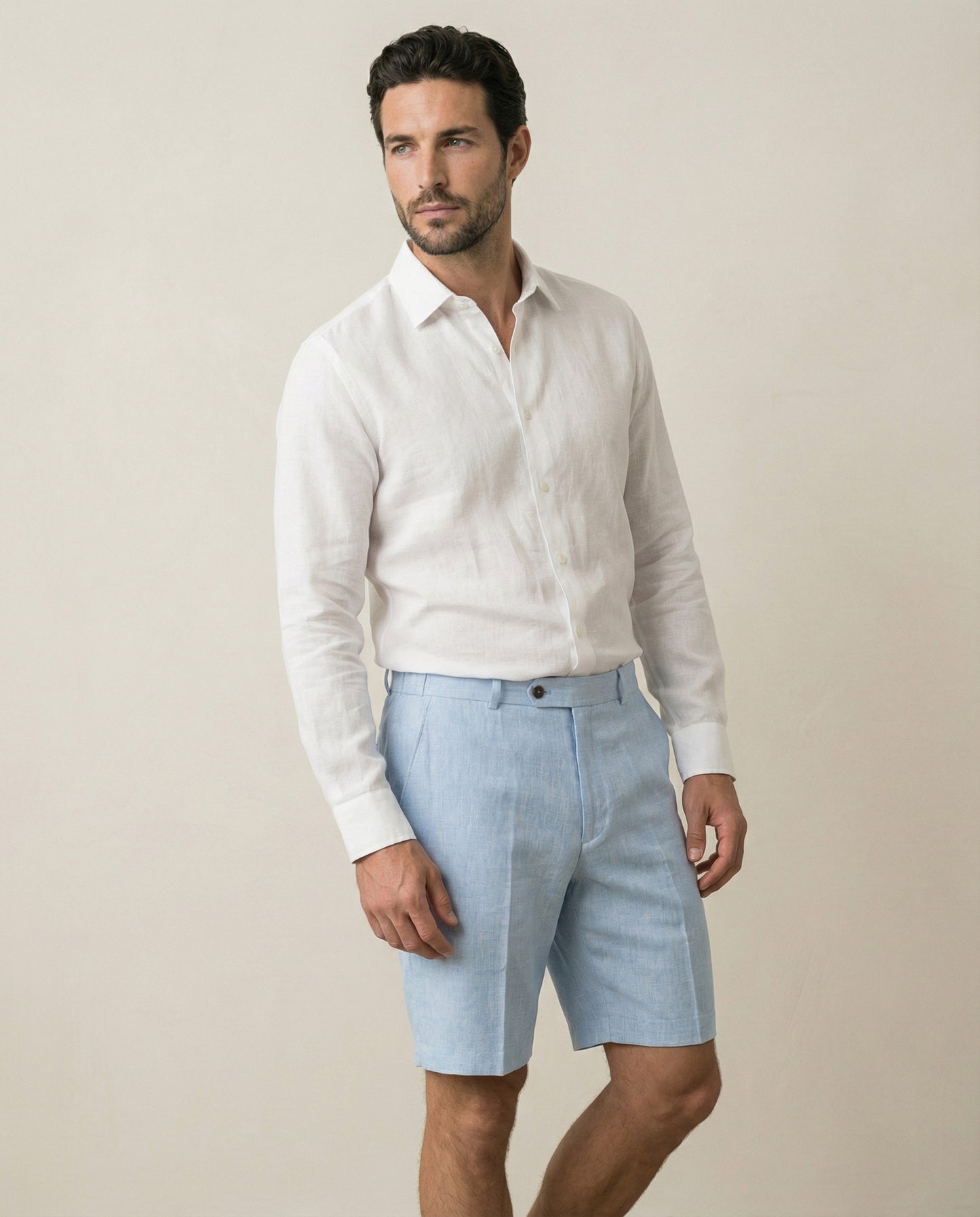 Front view of men’s light blue linen shorts