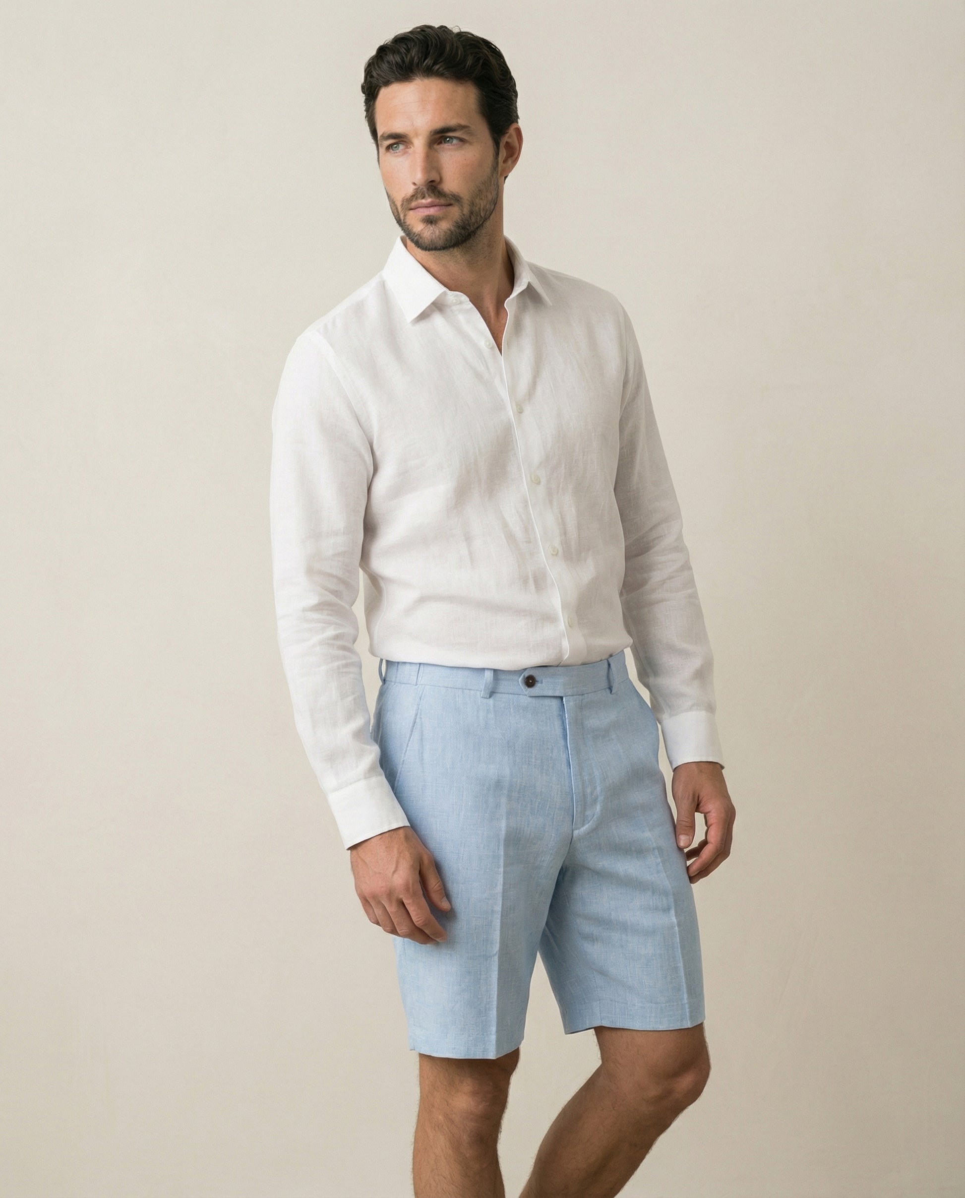 Front view of men’s light blue linen shorts