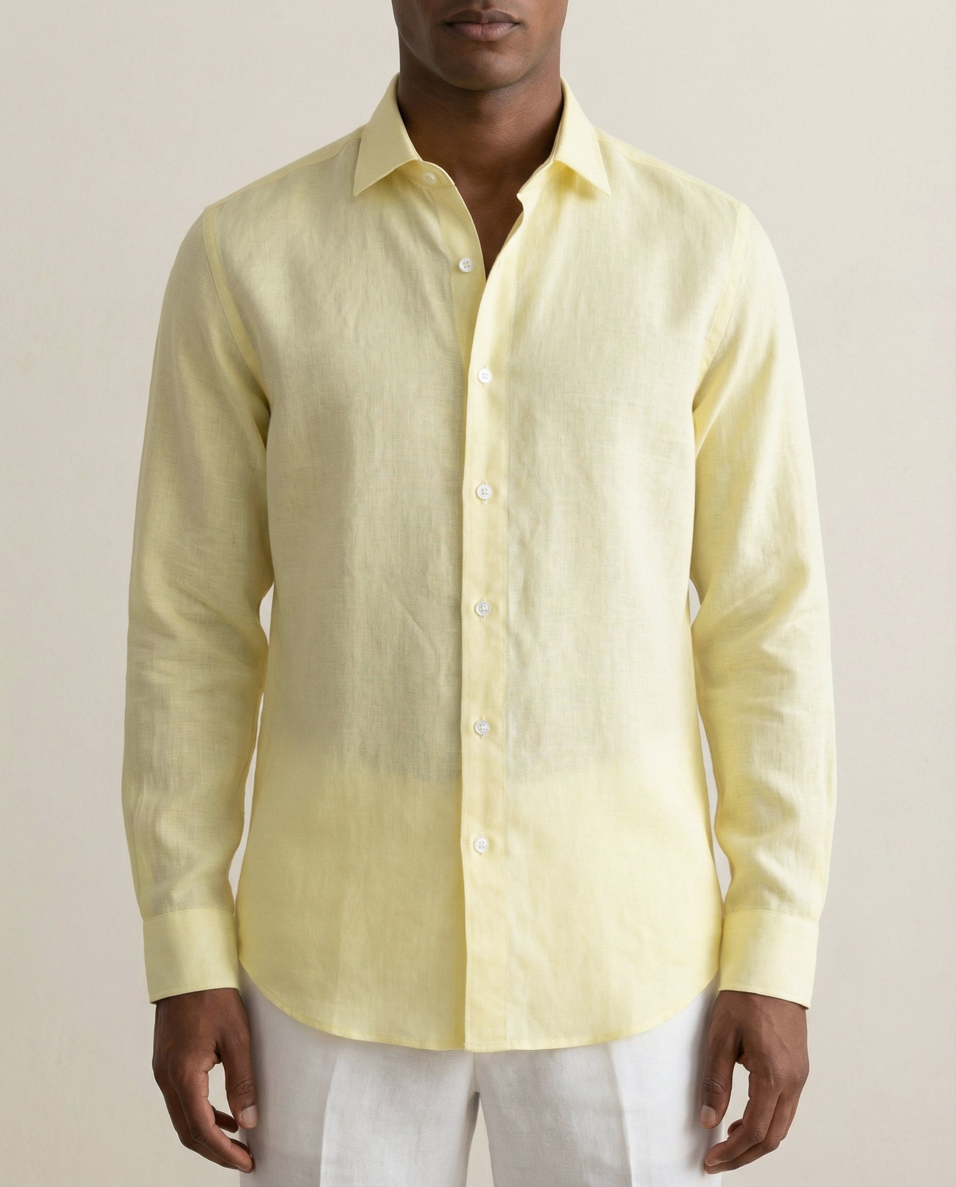 Laguna light yellow linen shirt front detail showing fabric texture and buttons