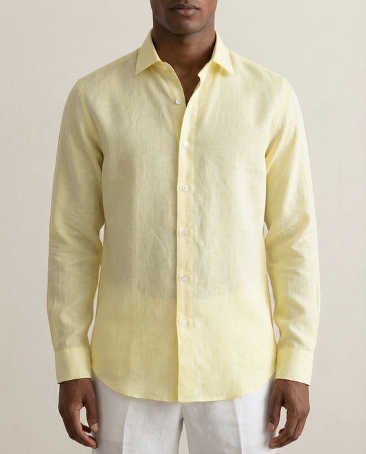 Laguna light yellow linen shirt front detail showing fabric texture and buttons