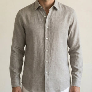 Close-up detail of pavestone linen shirt showing natural linen texture