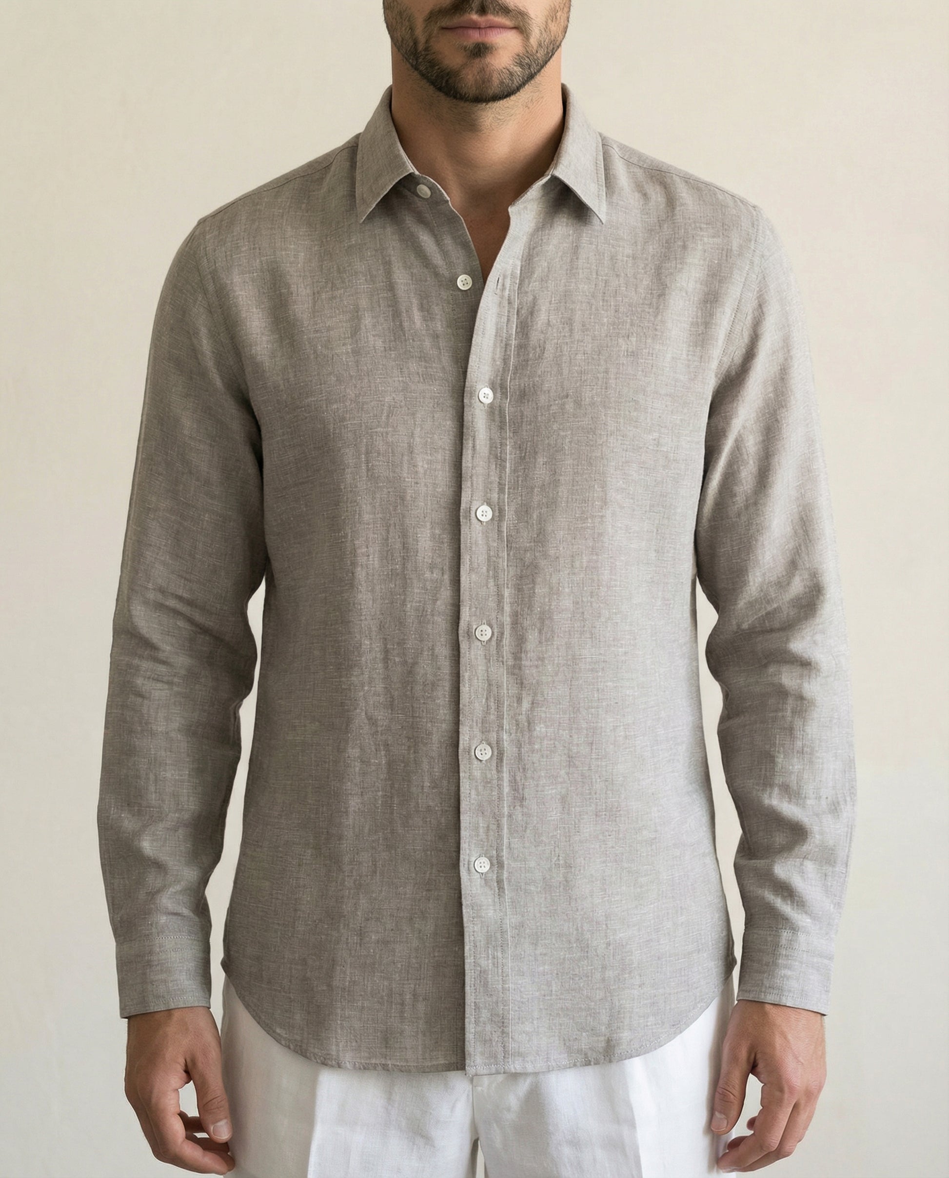 Close-up detail of pavestone linen shirt showing natural linen texture
