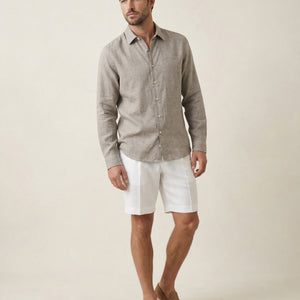 Men wearing pavestone linen shirt styled for summer