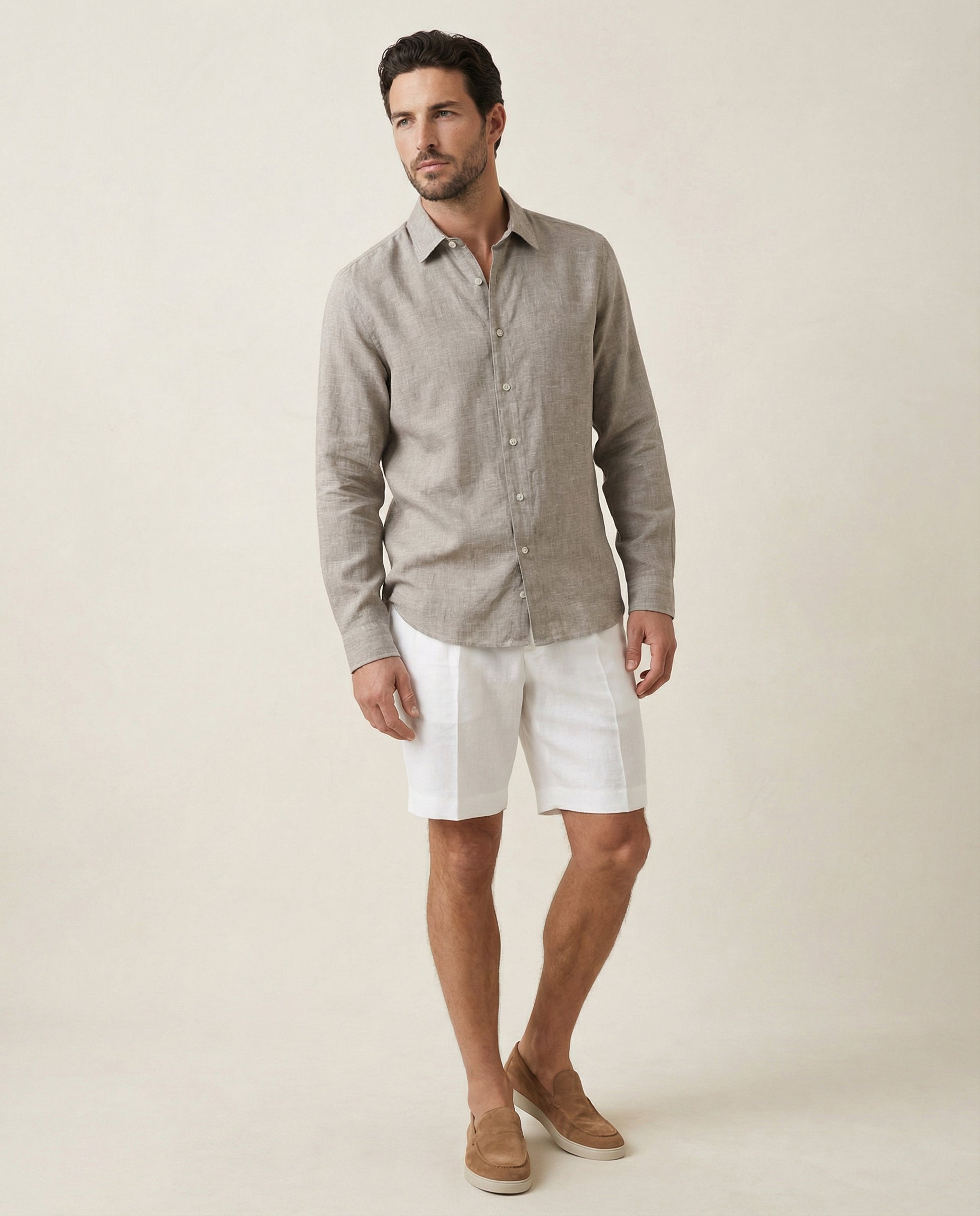Men wearing pavestone linen shirt styled for summer