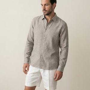 Mid-length view of men’s pavestone linen shirt with relaxed tailoring