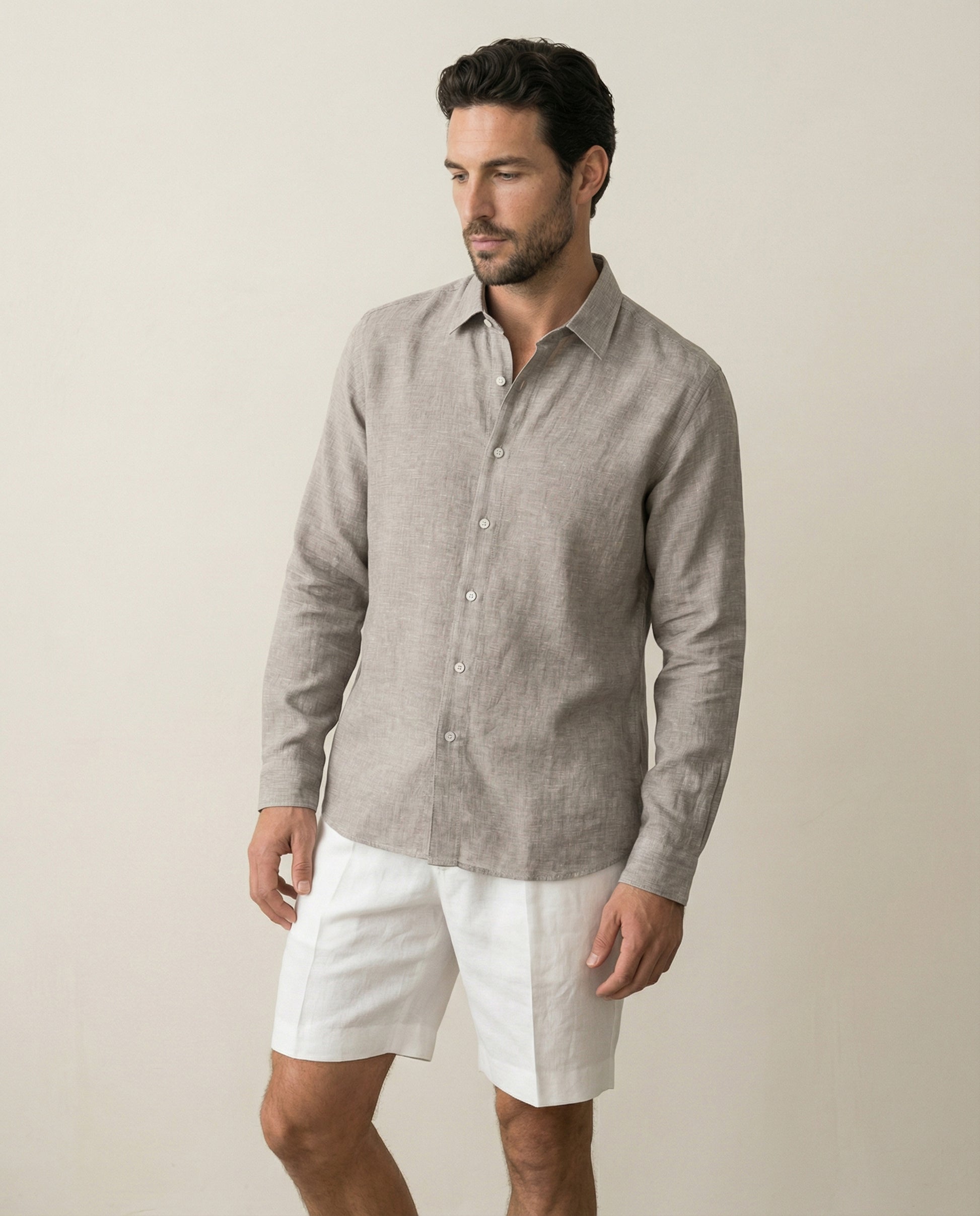 Mid-length view of men’s pavestone linen shirt with relaxed tailoring