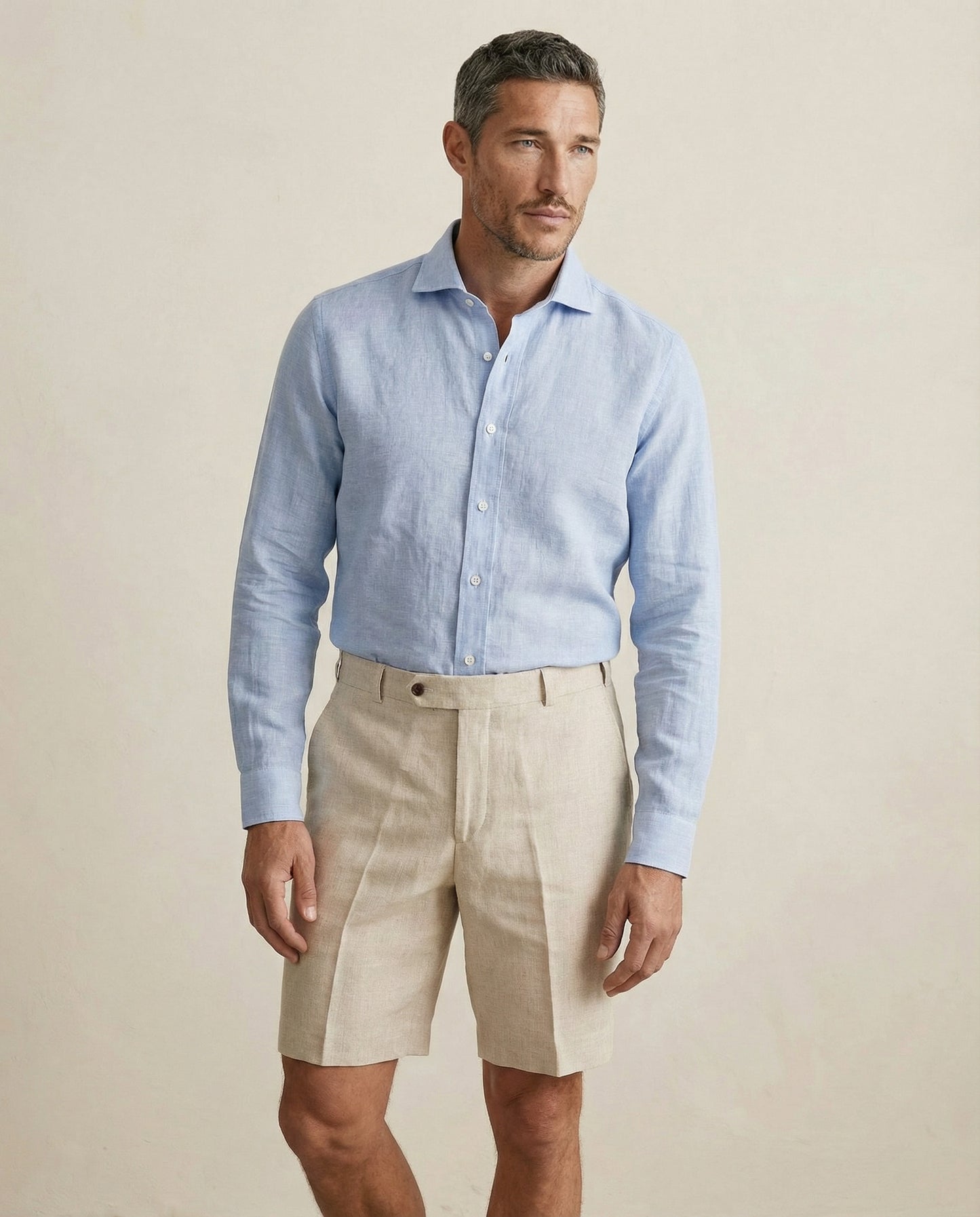 Front view of men’s natural linen shorts