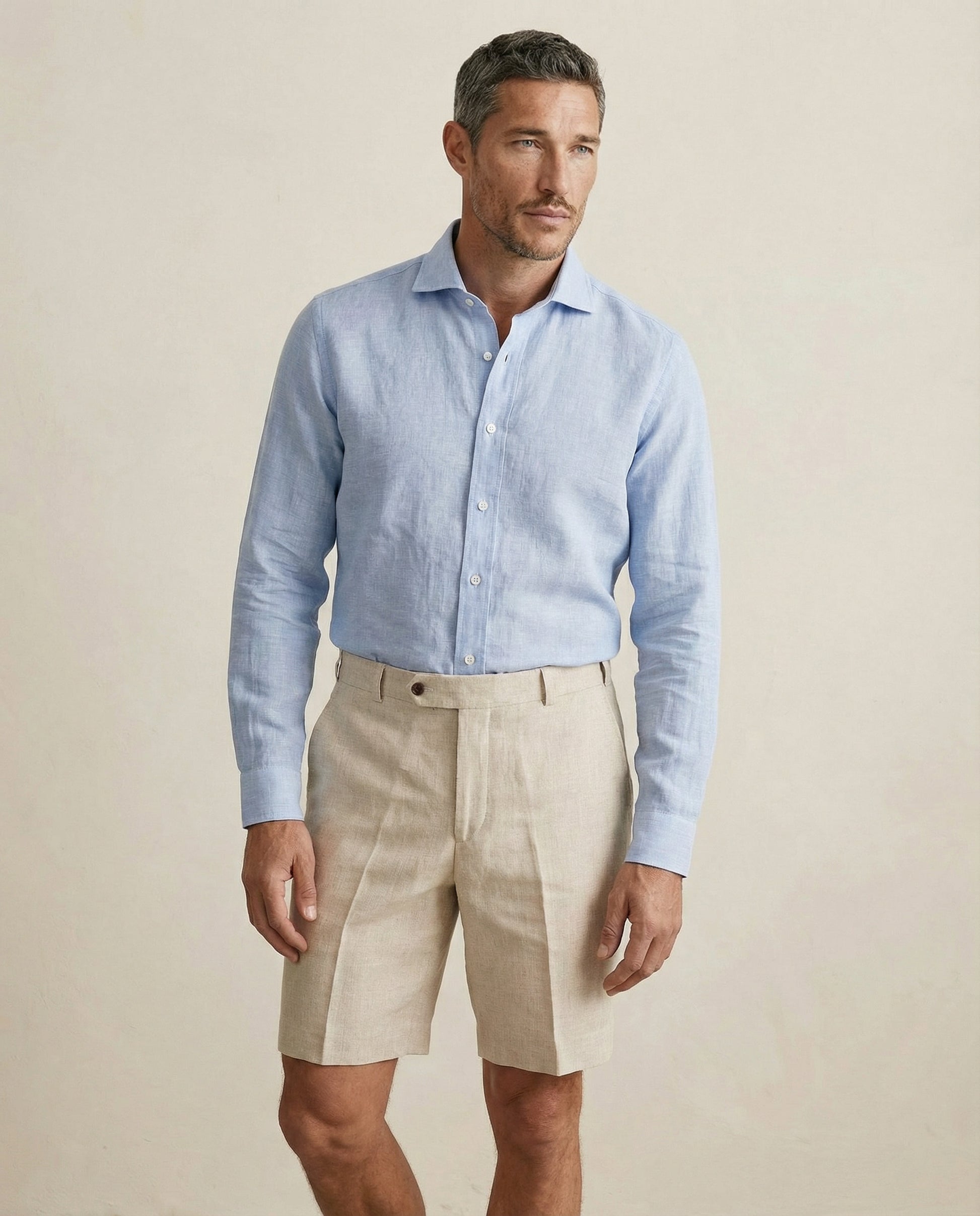 Front view of men’s natural linen shorts
