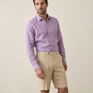 Front view of men’s beige linen shorts