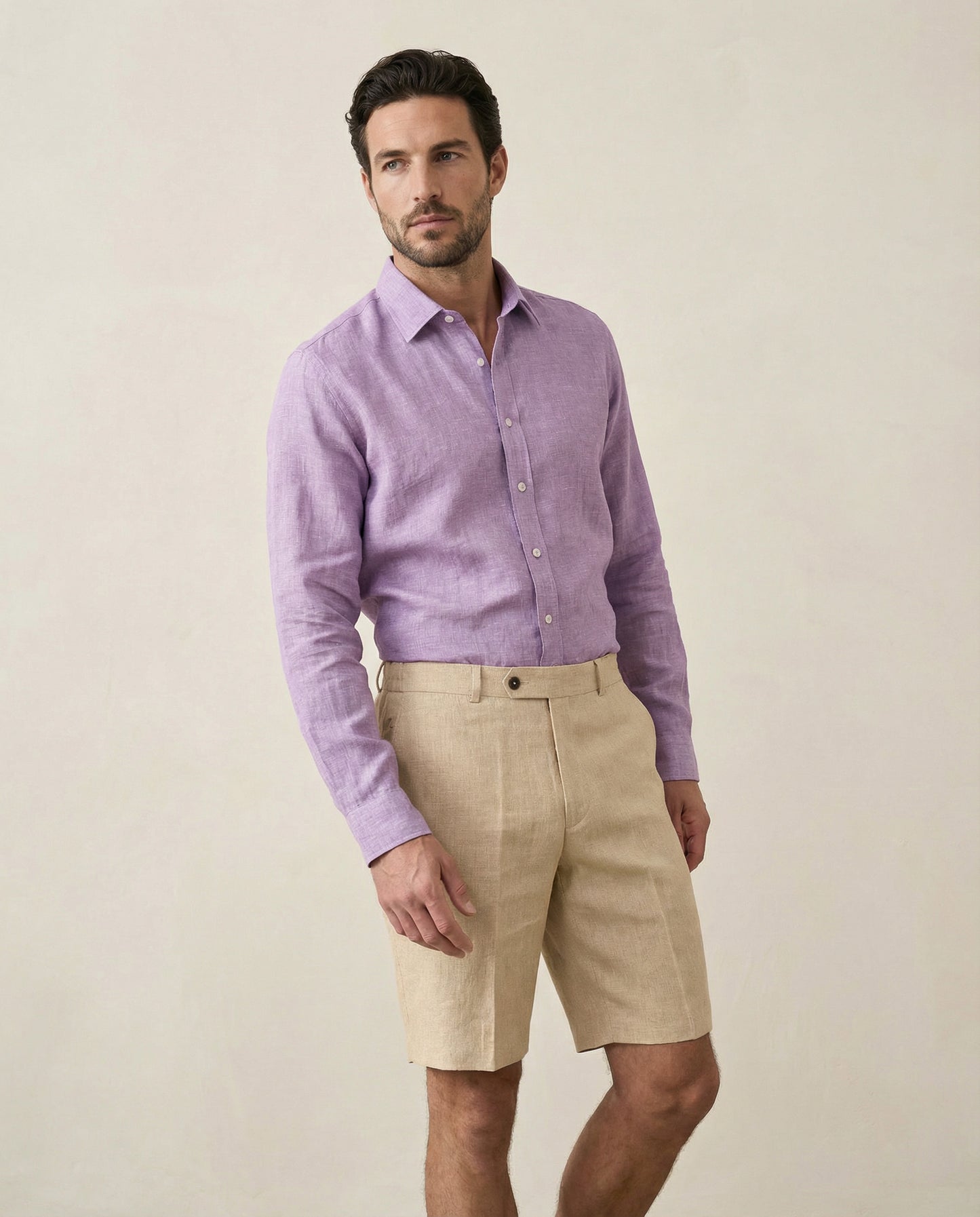 Front view of men’s beige linen shorts