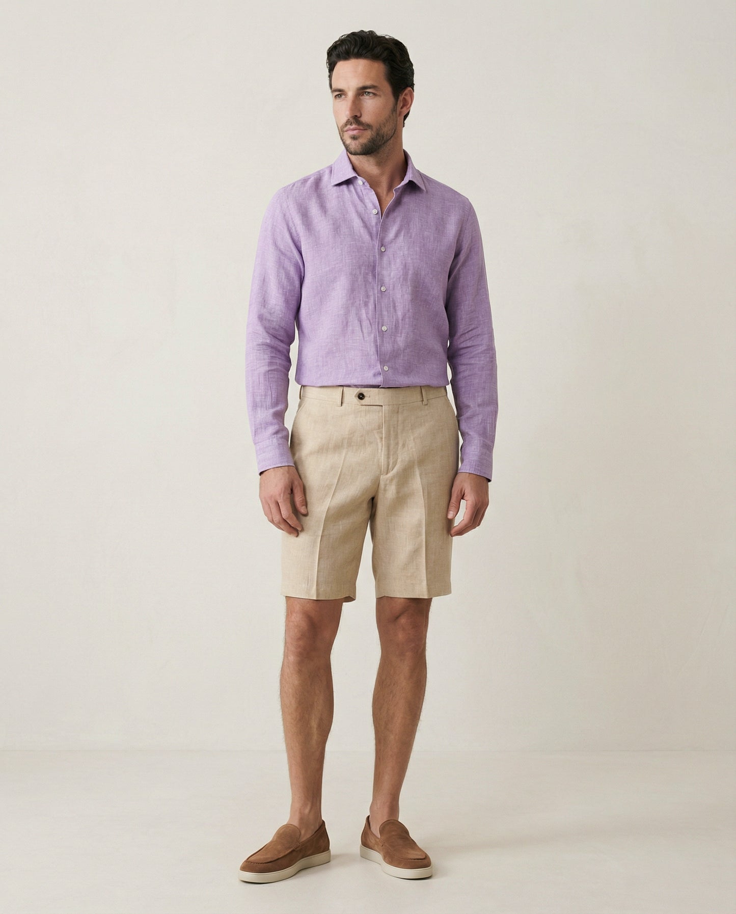 Men’s Senna beige linen shorts worn with purple linen shirt, full outfit view
