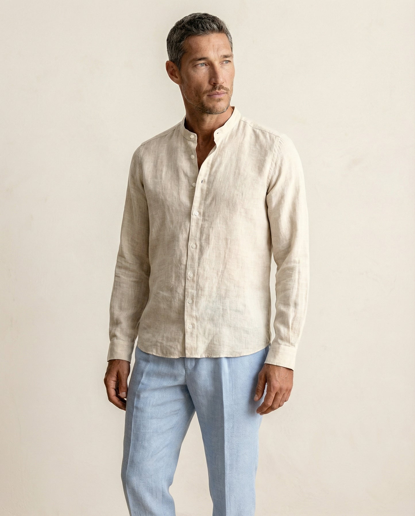 Front view of men’s natural linen shirt with Chinese collar