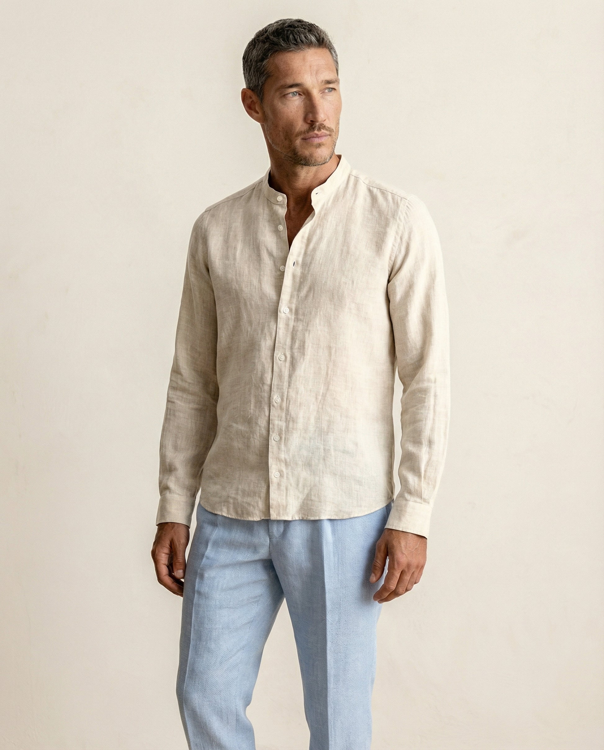 Front view of men’s natural linen shirt with Chinese collar