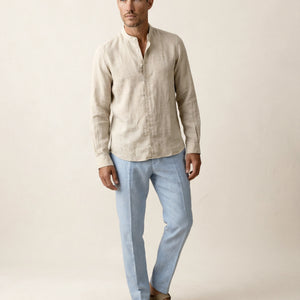 Full body view of men’s natural linen shirt with Chinese collar