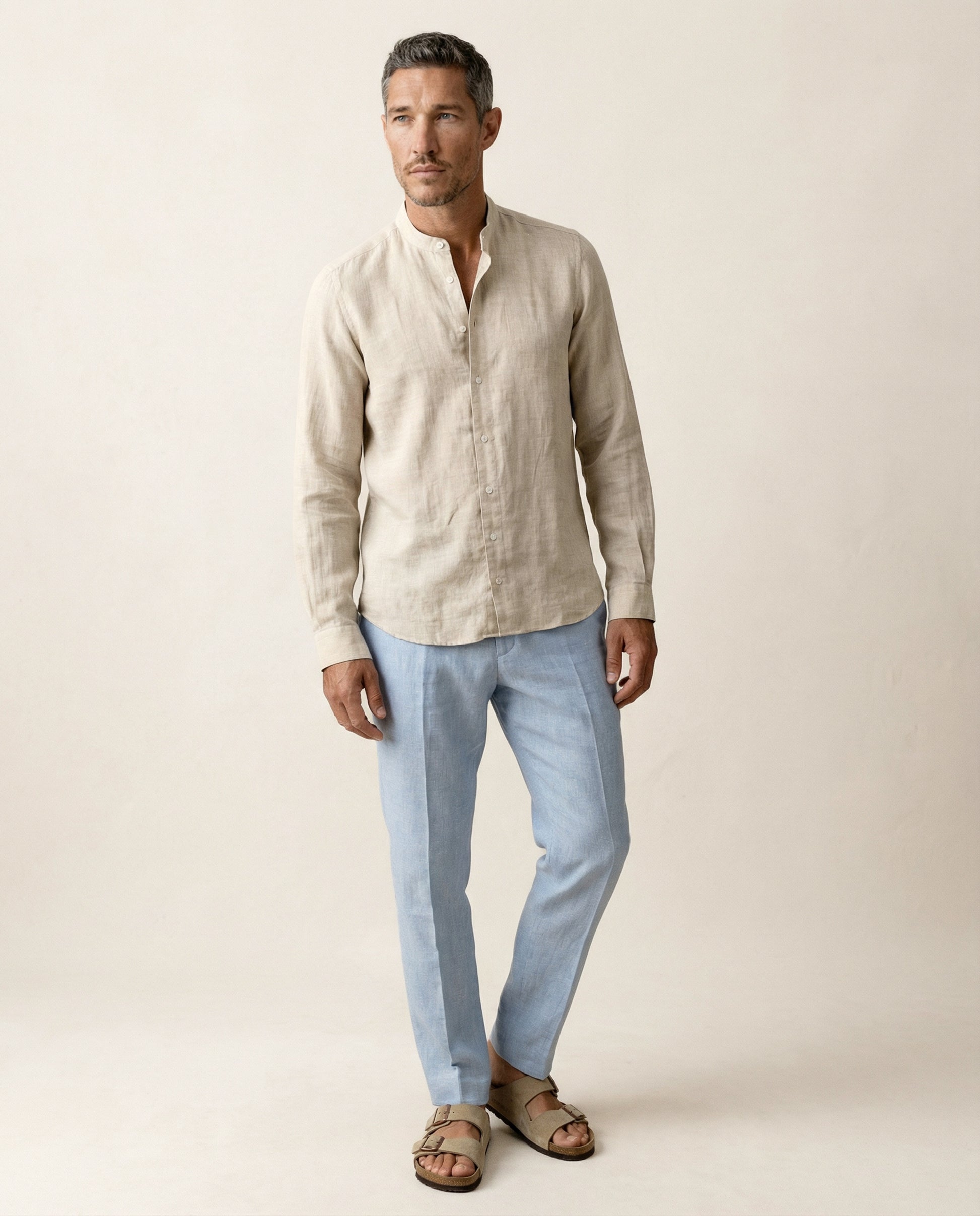 Full body view of men’s natural linen shirt with Chinese collar