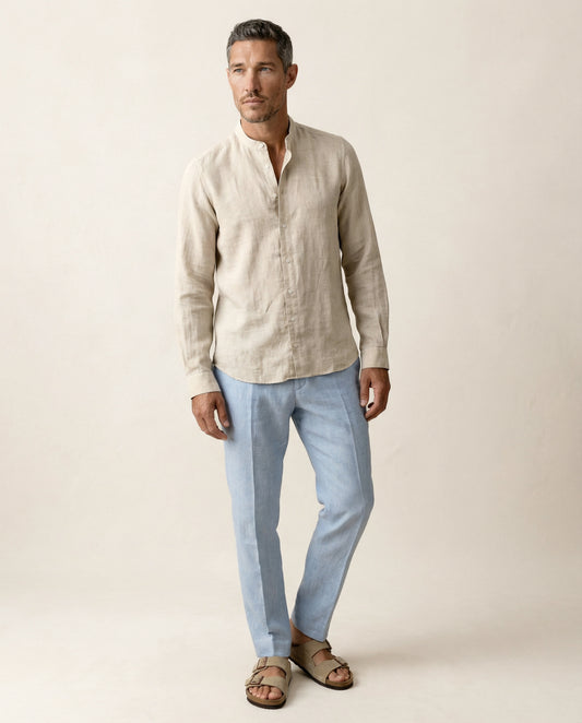 Full body view of men’s natural linen shirt with Chinese collar