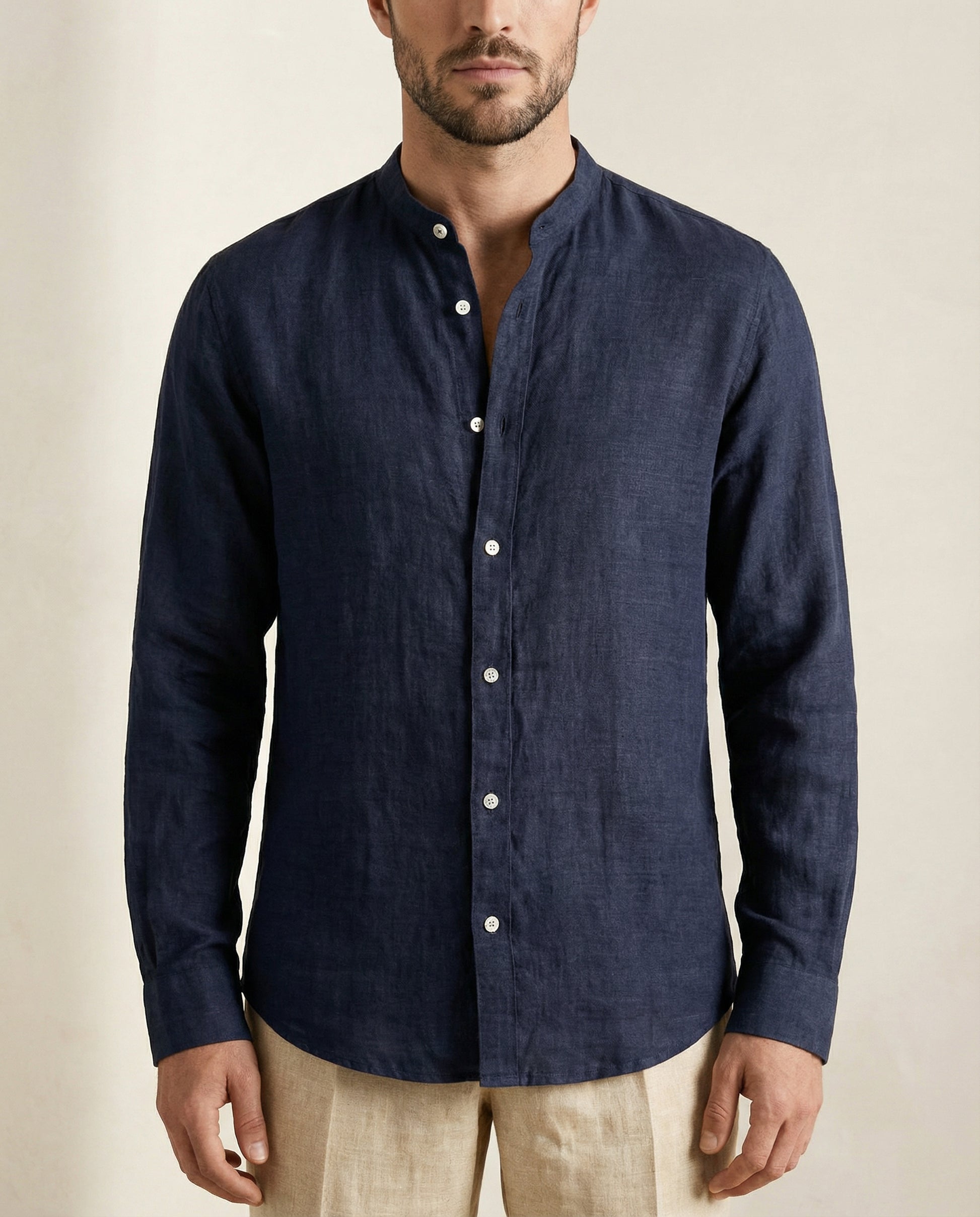 Detail of men’s navy linen Chinese collar shirt