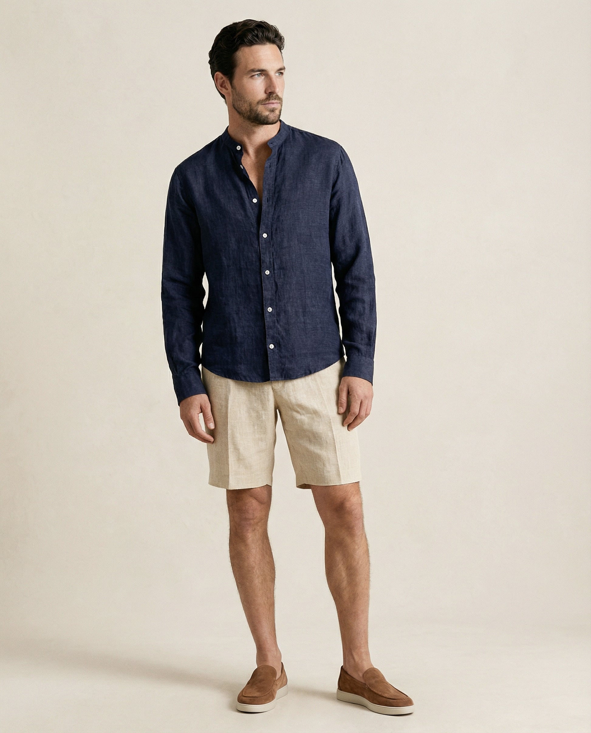 Full body view of men’s navy linen Chinese collar shirt