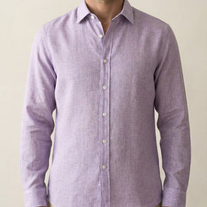 Wisteria linen shirt detail showing fabric texture and buttons