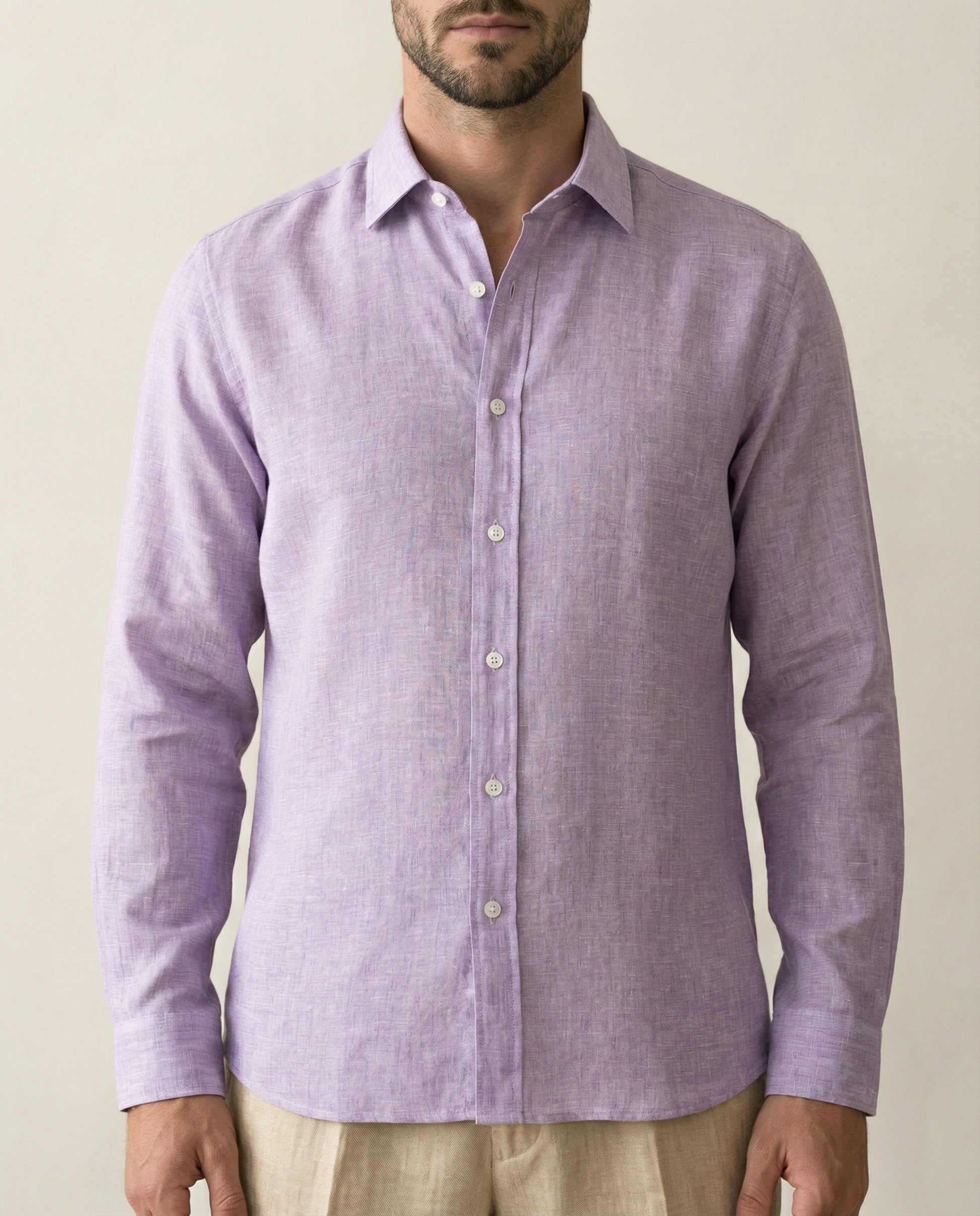 Wisteria linen shirt detail showing fabric texture and buttons