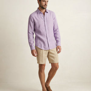 Wisteria linen shirt styled in a full outfit on model