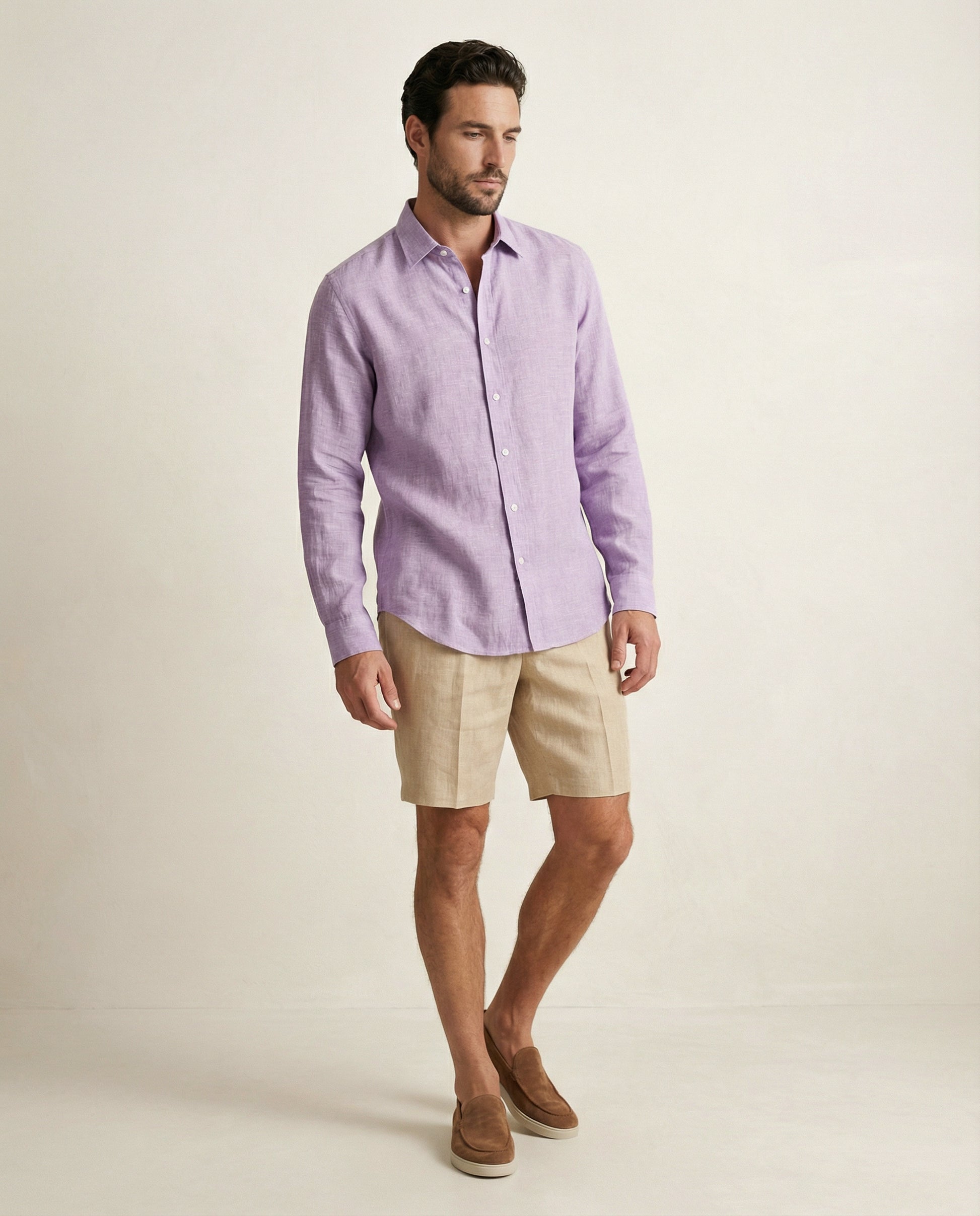Wisteria linen shirt styled in a full outfit on model