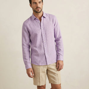 Wisteria linen shirt mid-cropped view showing fit and drape