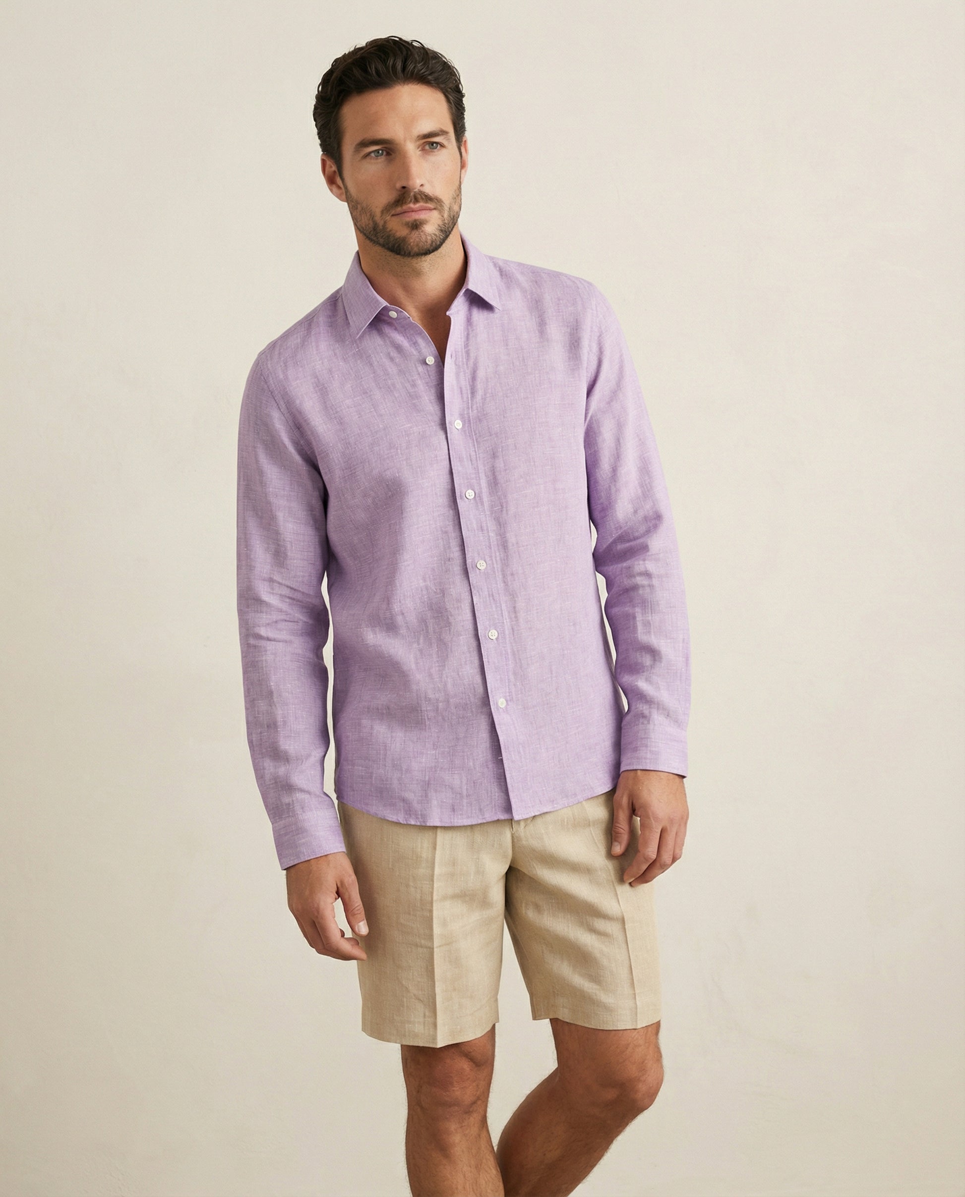 Wisteria linen shirt mid-cropped view showing fit and drape